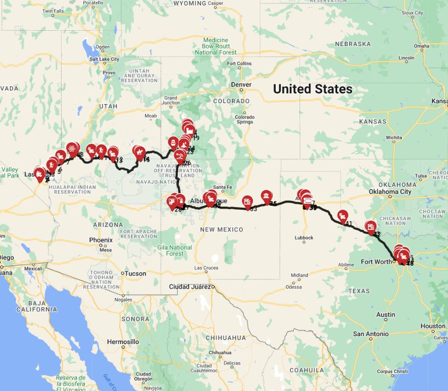 RV trip planner trip route from Las Vegas to Dallas